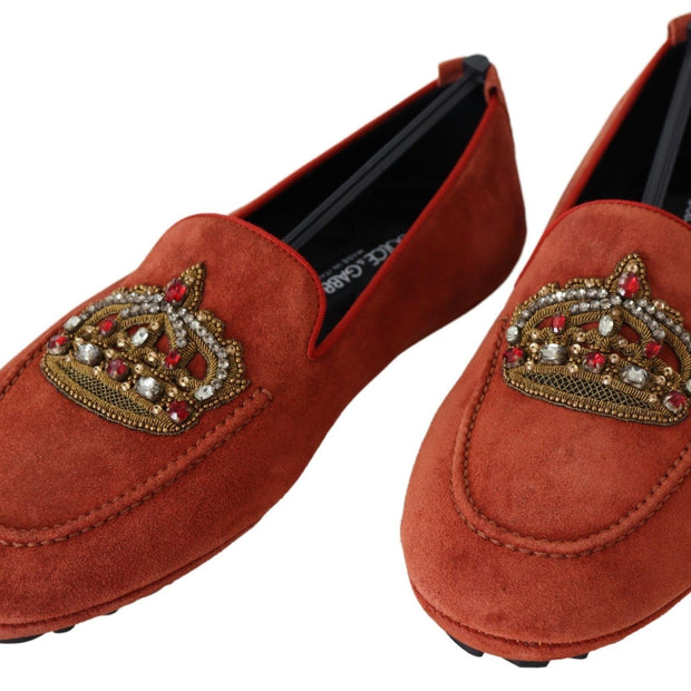 Opulent Orange Leather Loafers with Gold Embroidery