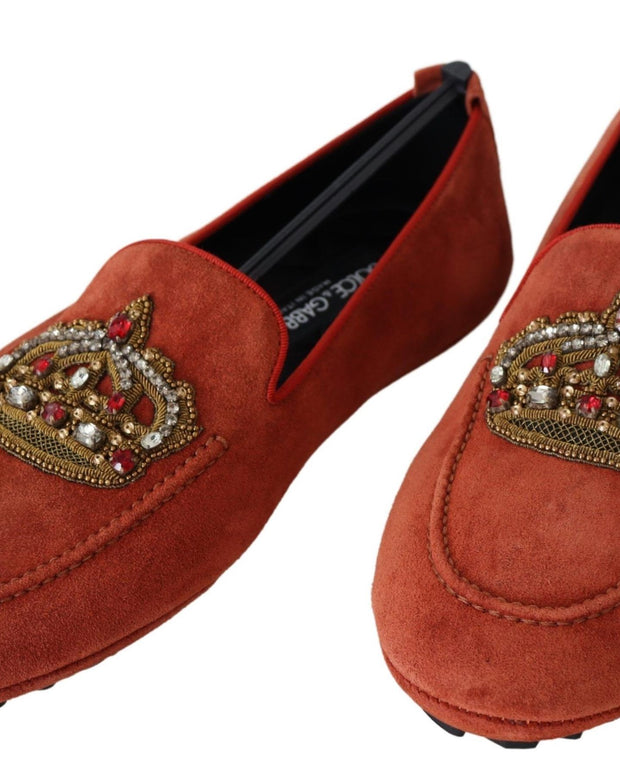 Orange Leather Crystal Crown  Loafers Shoes