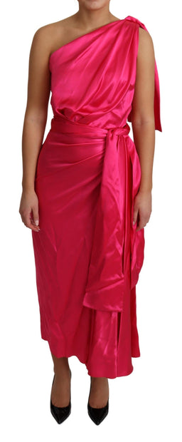 Elegant Fuchsia Silk One-Shoulder Wrap Dress