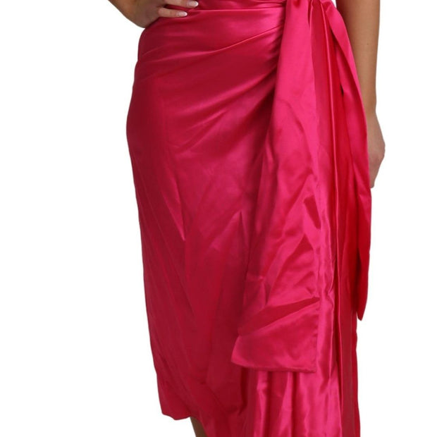 Elegant Fuchsia Silk One-Shoulder Wrap Dress