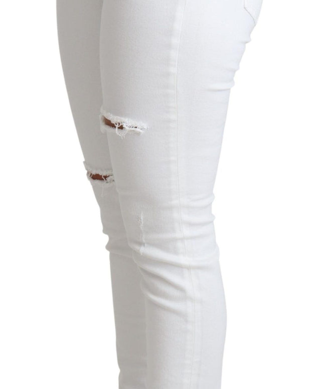 White Tattered Skinny Denim Cotton Stretch Jeans