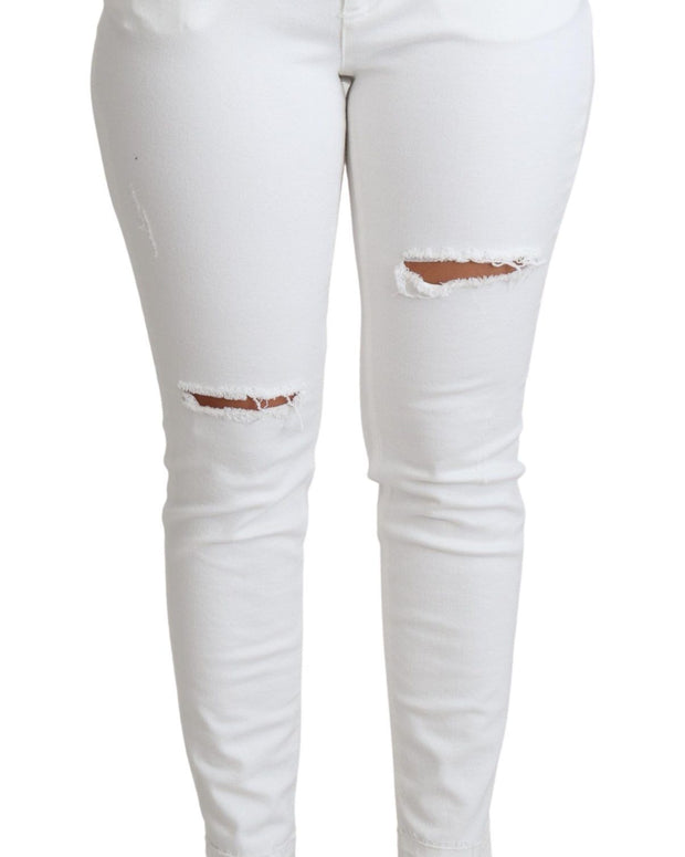White Tattered Skinny Denim Cotton Stretch Jeans