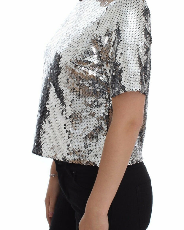 Silver Sequined Crewneck Blouse T-shirt Top