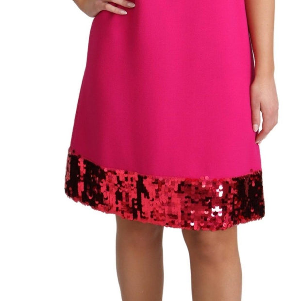 Elegant Fuchsia Sequined Wool Blend Shift Dress