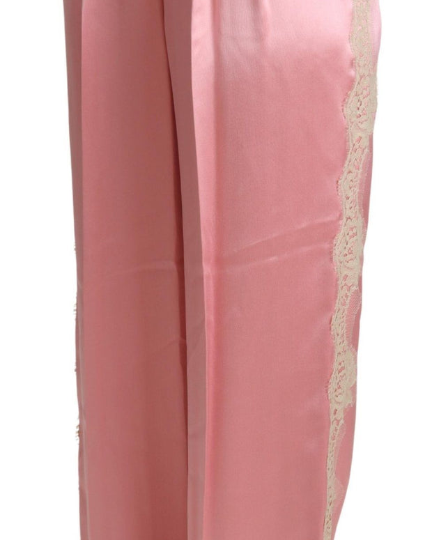 Pink Lace Trimmed Silk Satin Wide Legs Pants