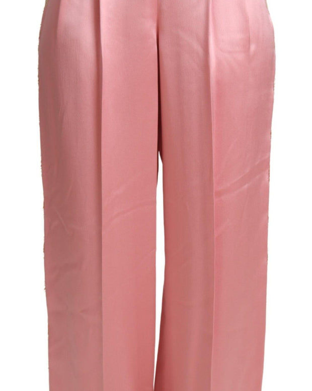 Pink Lace Trimmed Silk Satin Wide Legs Pants