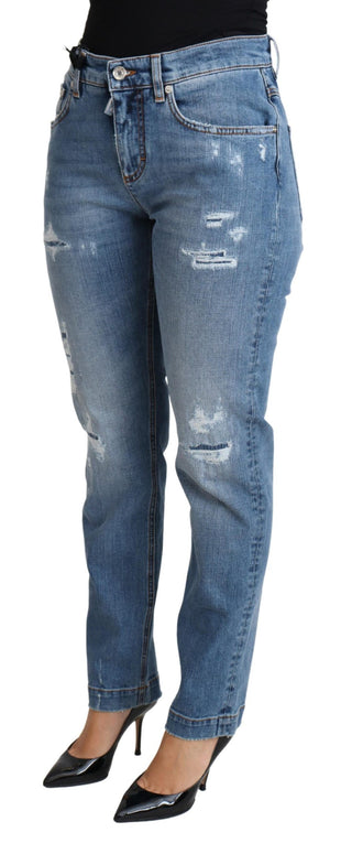 Blue Tattered Skinny Denim Cotton Blend Jeans