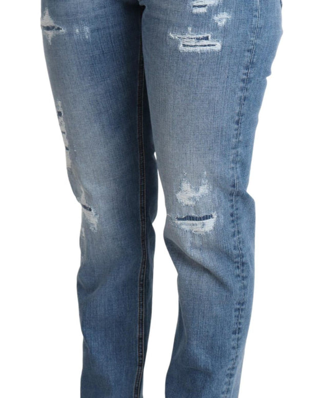 Blue Tattered Skinny Denim Cotton Blend Jeans