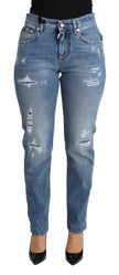 Blue Tattered Skinny Denim Cotton Blend Jeans