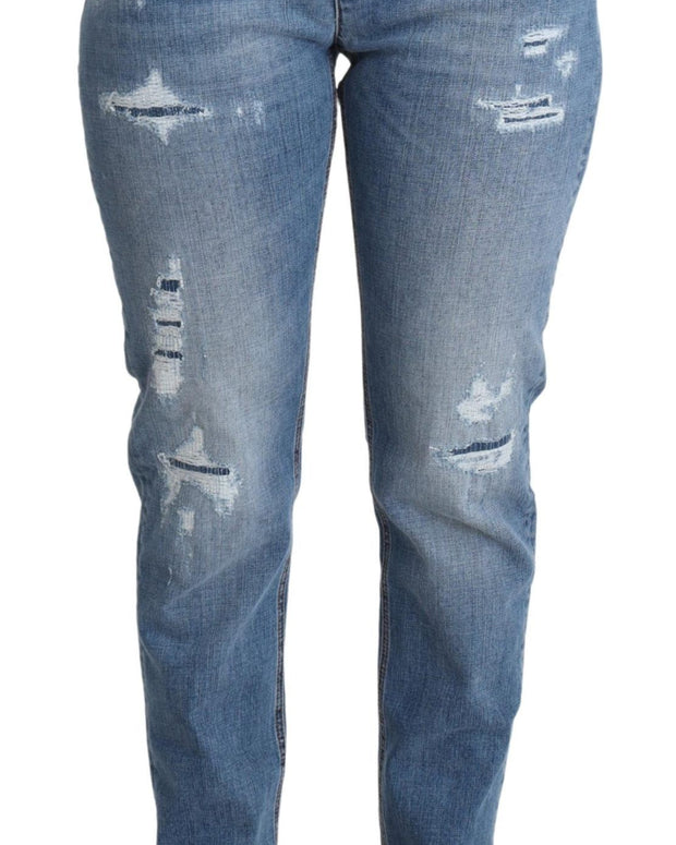 Blue Tattered Skinny Denim Cotton Blend Jeans