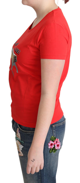 Chic Red Cotton Tee with Playful Print