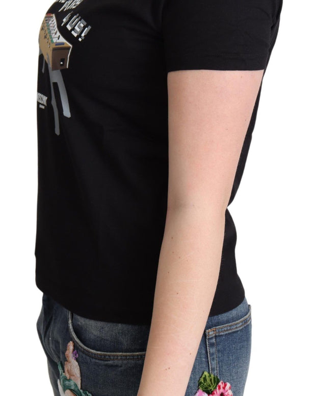 Black Cotton Come Play 4 Us Print Tops T-shirt