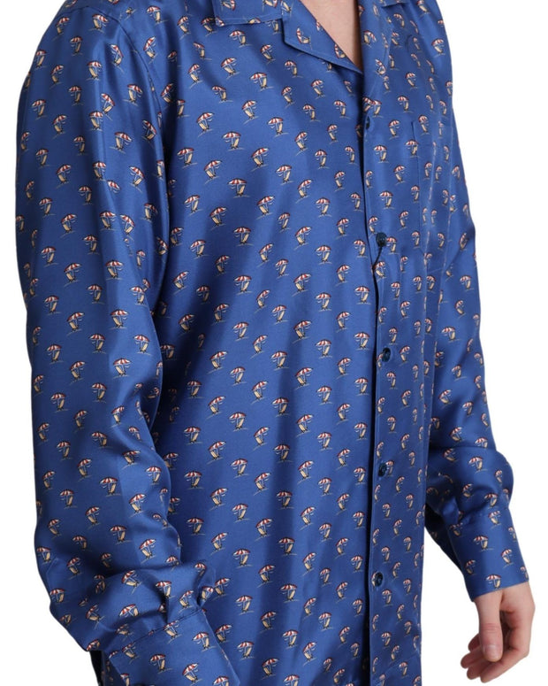 Blue Beach Chair Umbrella Print Silk Shirt