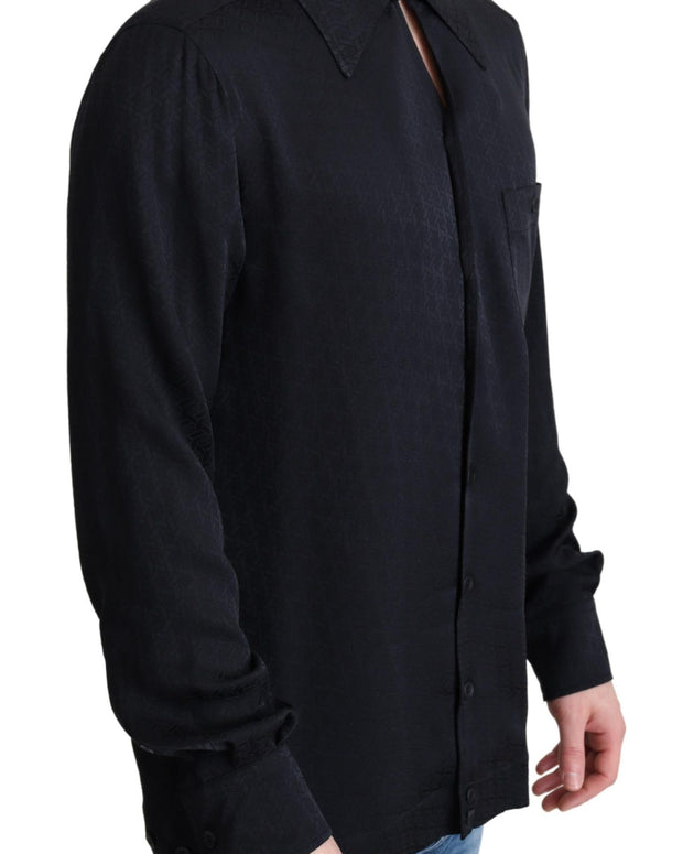 Black Jacquard Silk Casual Button Down Shirt