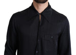 Black Jacquard Silk Casual Button Down Shirt