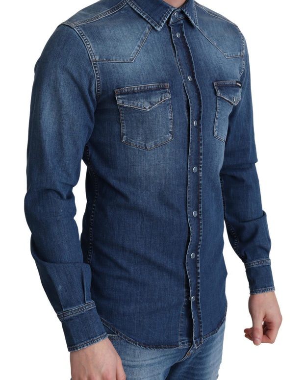 Blue Cotton Stretch Long Sleeves Denim Shirt