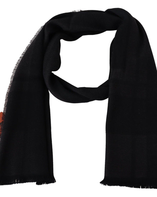 Elegant Black Wool Scarf with Logo Embroidery
