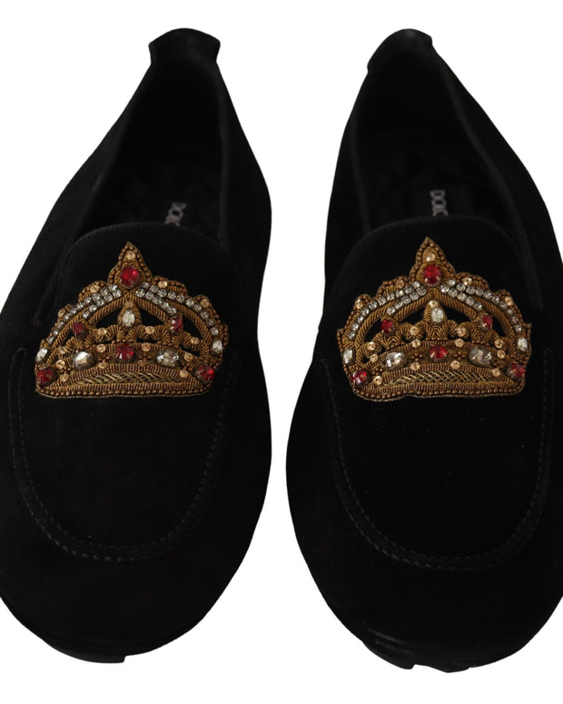 Black Leather Crystal Gold Crown Loafers Shoes