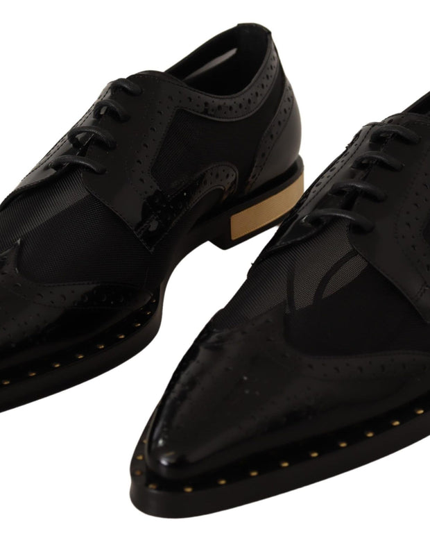 Black Leather Broques Sheer Wingtip Shoes