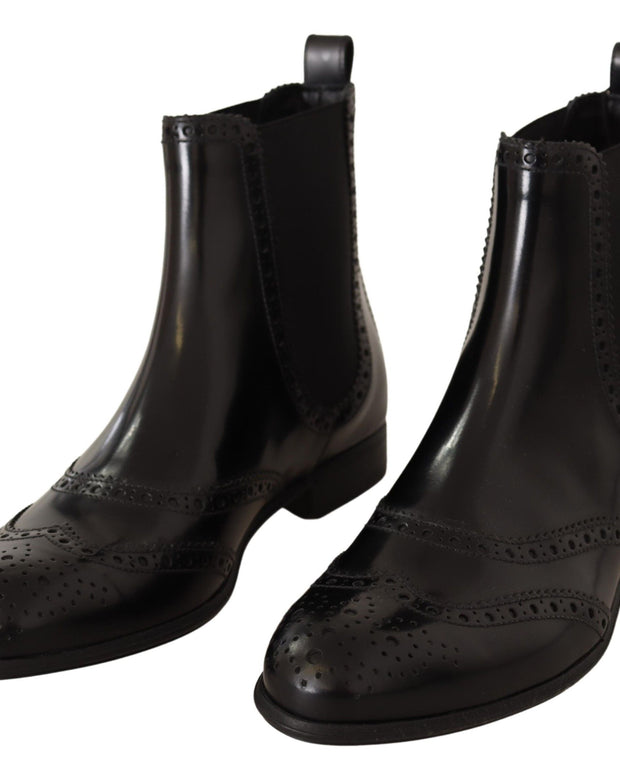 Black Leather Ankle High Flat Boots Shoes