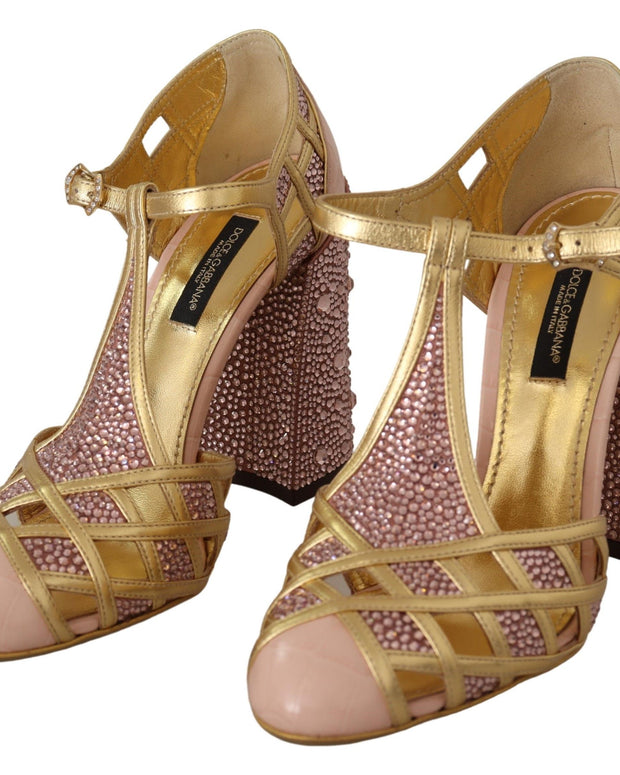 Pink Gold Leather Crystal Pumps T-strap Shoes