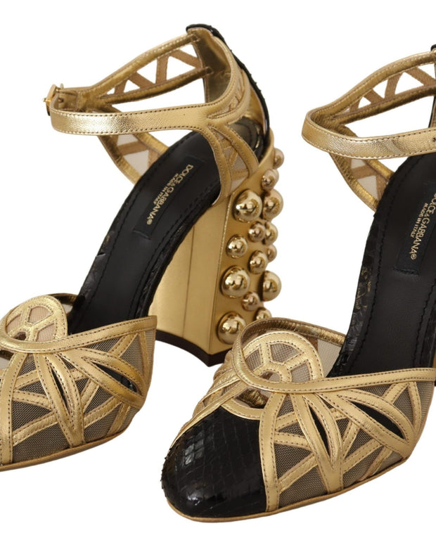 Black Gold Leather Studded Ankle Straps Shoes