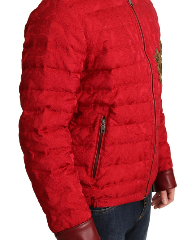 Red Brocade Bomber Gold Crown Logo Coat Jacket