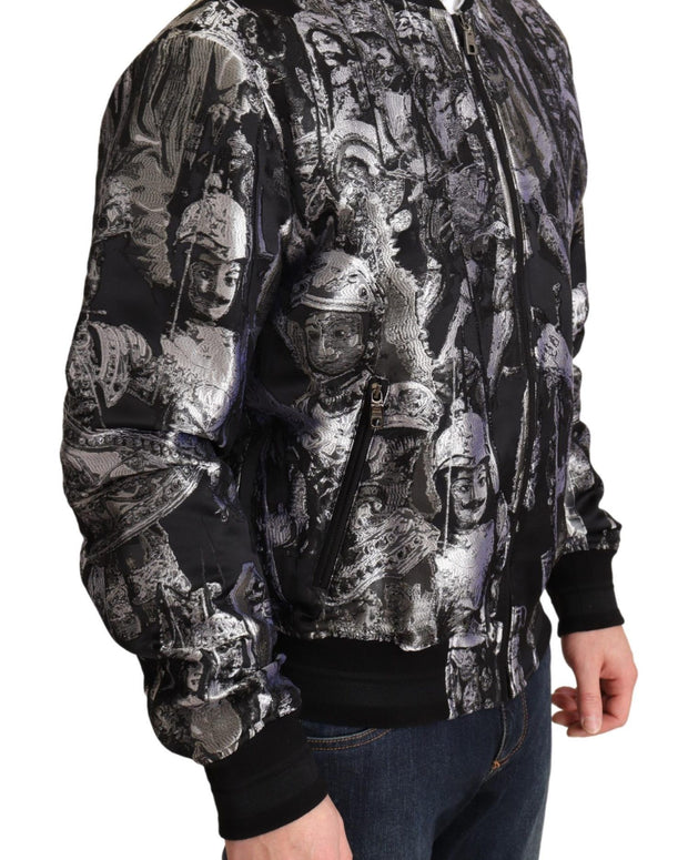 Black Silver Puppi Motive Bomber Jacket