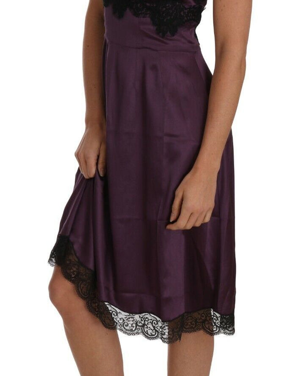 Purple Silk Stretch Black Lace A-Line Dress