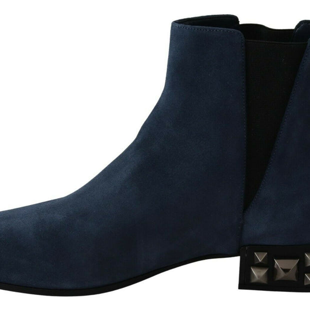 Chic Blue Suede Mid-Calf Boots with Stud Details