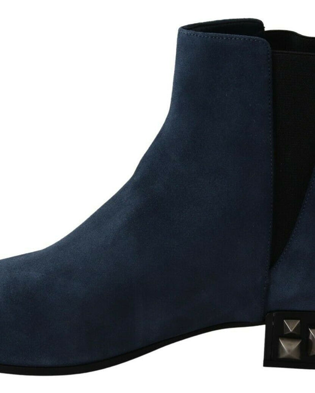 Blue Suede Embellished Studded Boots Shoes