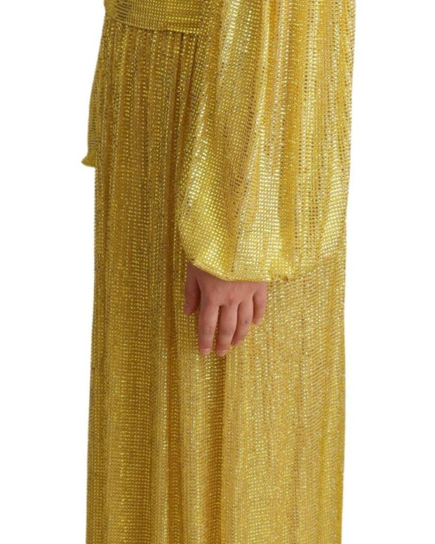 Yellow Crystal Mesh Pleated Maxi Dress