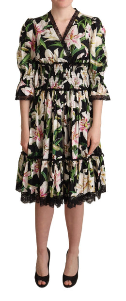 Elegant Lily Print Midi Dress with Lace Trim