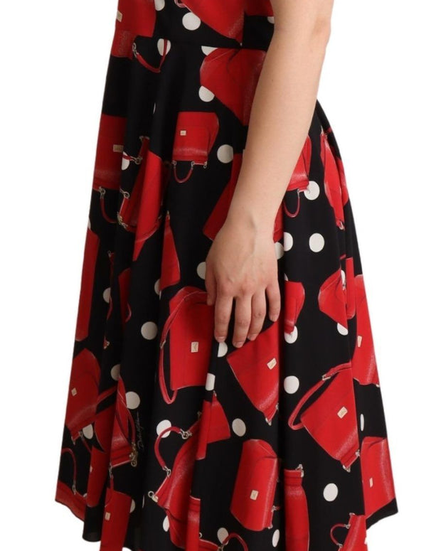 Black Red Bag Print A-line Mid Length Dress
