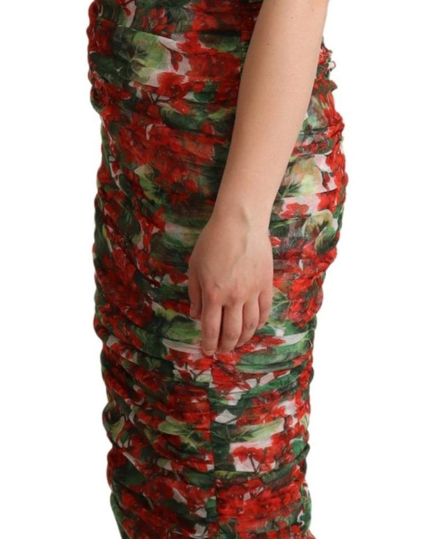 Red Floral Print Tulle Sheath Midi Dress