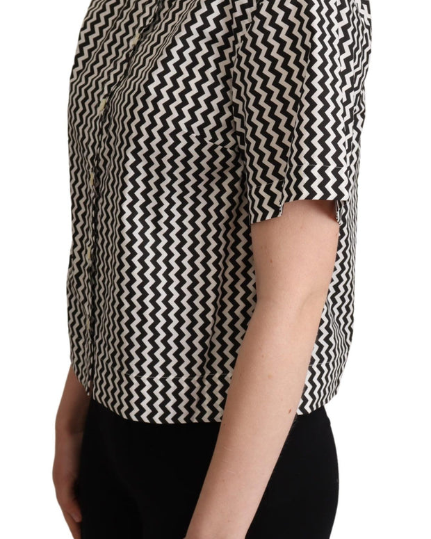 Black White Zigzag Collar Cotton Top Shirt