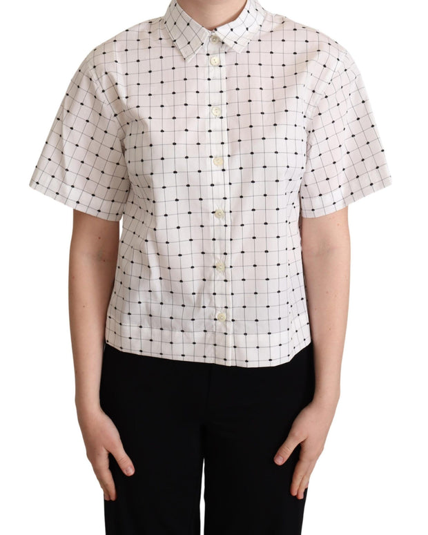 White Polka Dot Cotton Collared Shirt Top