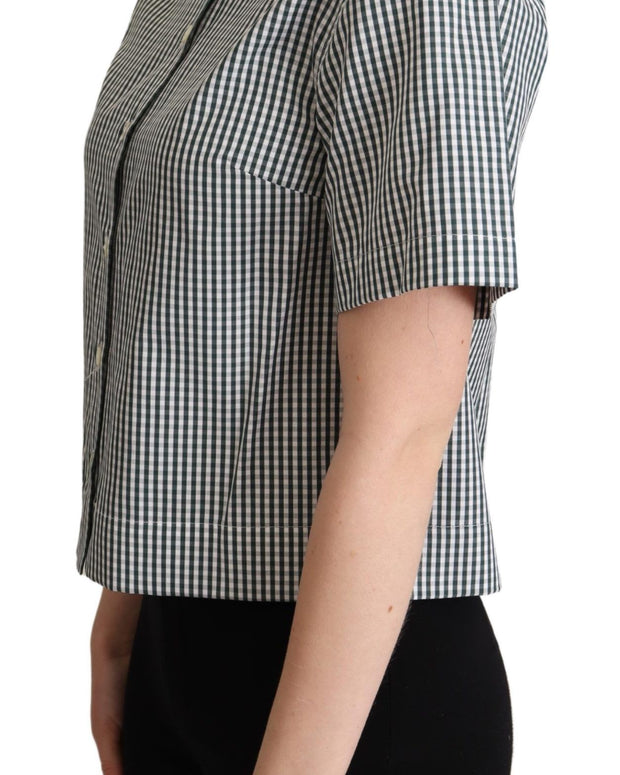 White Green Cotton Check Shirt Blouse Top