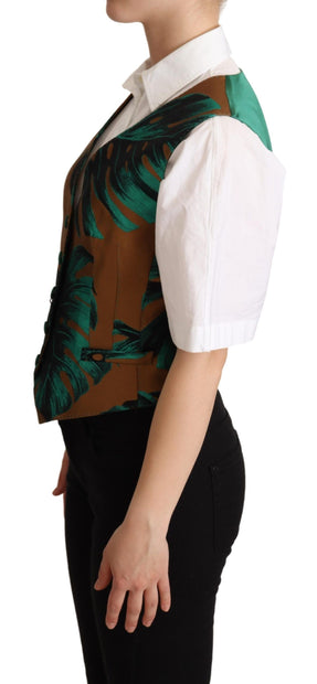 Elegant Green Leaf Print Waistcoat