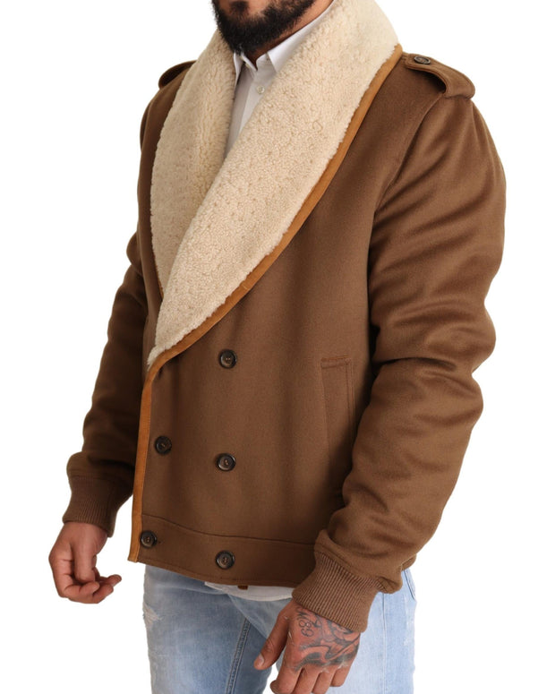 Brown Double Breasted Shearling Coat Jacket