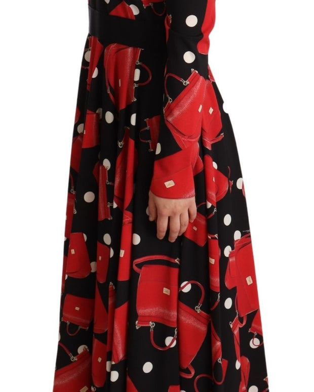 Black Sicily Bag Print Flared Midi Dress