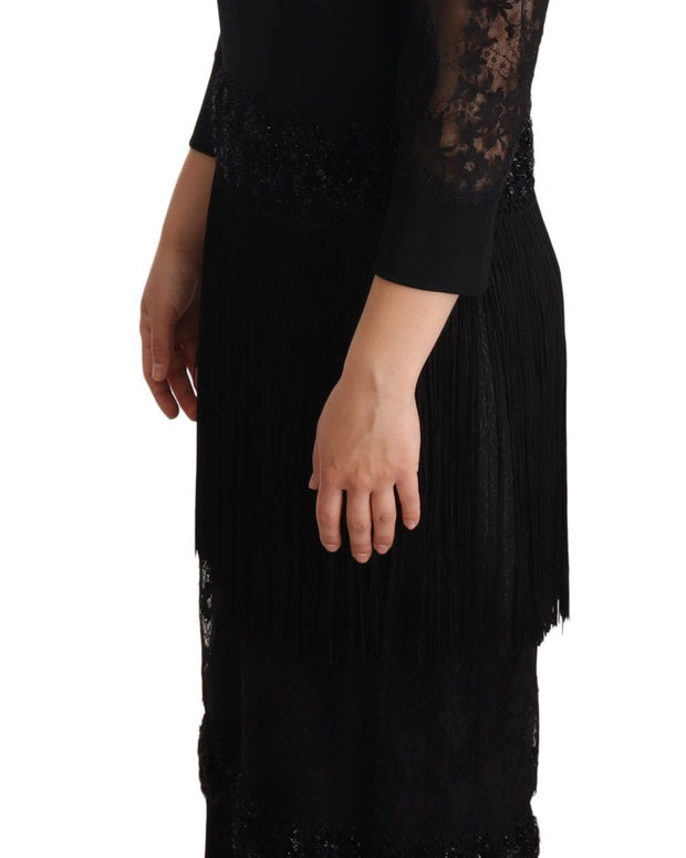 Black Sheer Floral Lace Crystal Maxi Dress