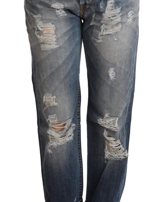 Blue Tattered Mid Waist Straight Denim Trouser