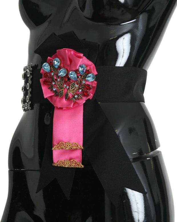 Black Pink Flower Brooch Crystals Cotton Belt