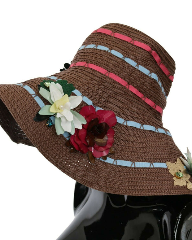 Brown Knitted Straw Floral Hat