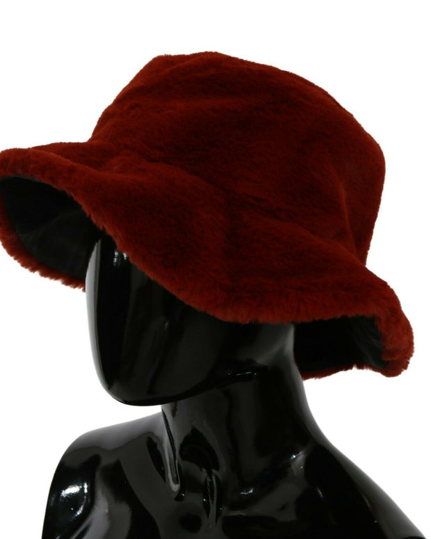 Red Bordeaux Fur Wide Brim Bucket  Hat