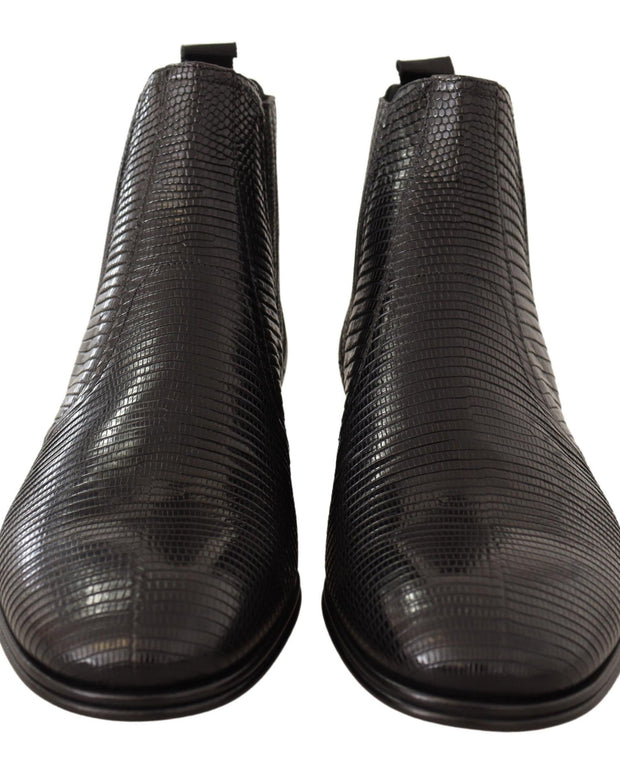 Black Leather Lizard Skin Ankle Boots