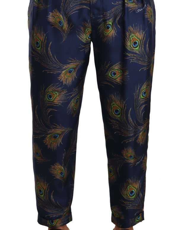 Blue Peacock Print Tapered Trousers Silk Pants