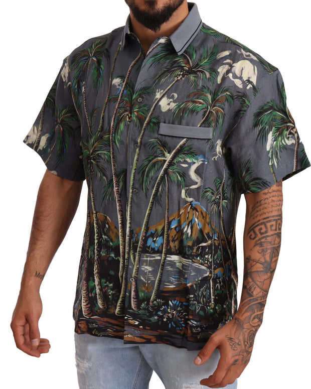 Gray Linen Tropical Print Collared Shirt