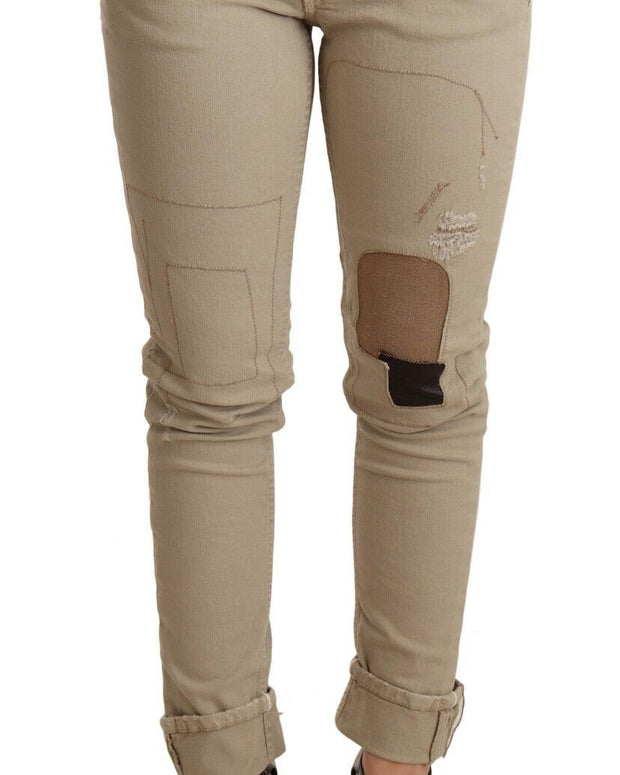 Beige Denim Cotton Bottom Slim Fit Folded Pant